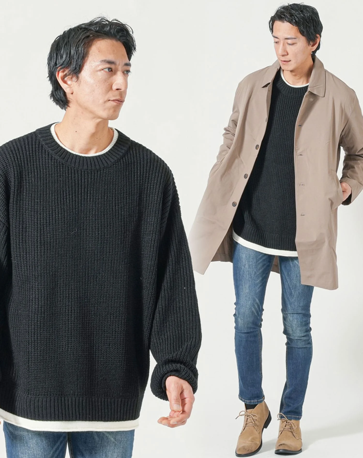 30代メンズ全身3点コーデセット　ベージュロングコート×黒長袖ニットパーカー×ネイビーデニムパンツ - Image 2