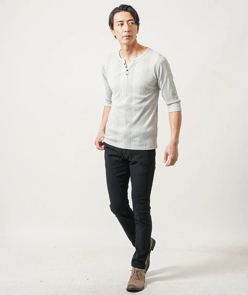 ランダムテレコ素材ヘンリーネック7分袖・半袖Ｔシャツ - Image 3