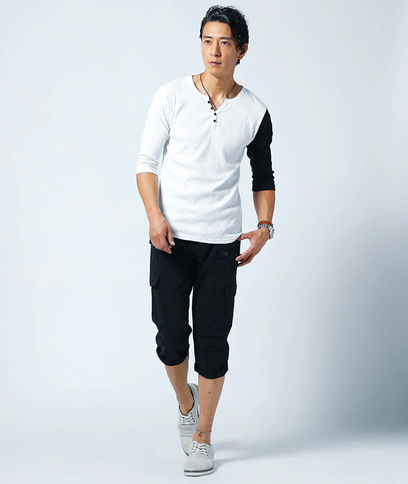 ランダムテレコ素材ヘンリーネック7分袖・半袖Ｔシャツ - Image 54