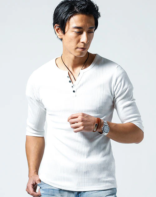 ランダムテレコ素材ヘンリーネック7分袖・半袖Ｔシャツ - Image 58