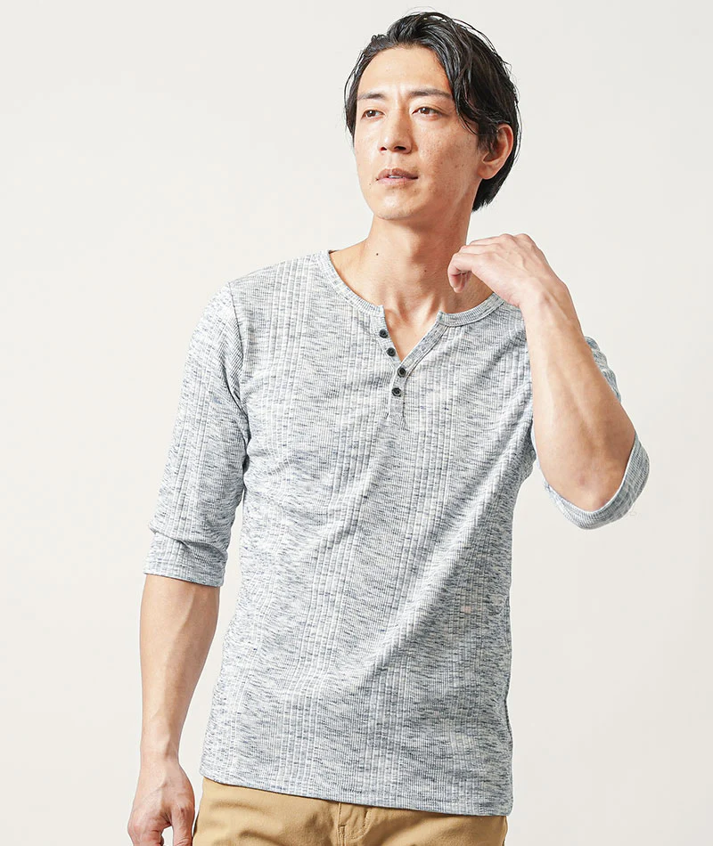 ランダムテレコ素材ヘンリーネック7分袖・半袖Ｔシャツ - Image 6