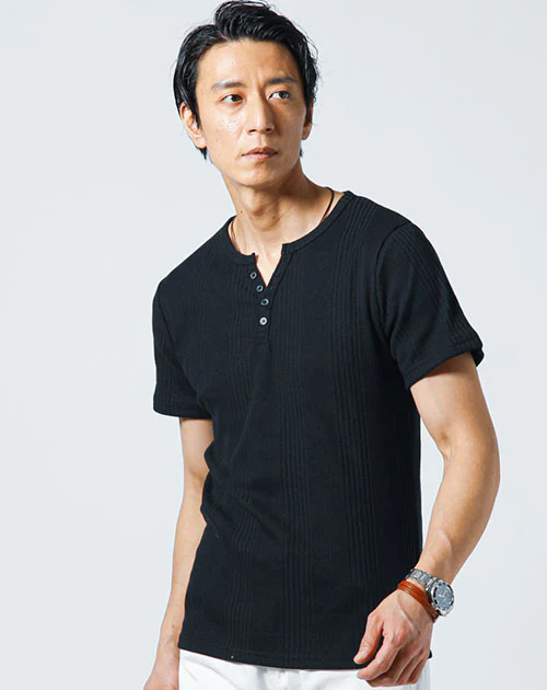 ランダムテレコ素材ヘンリーネック7分袖・半袖Ｔシャツ - Image 65