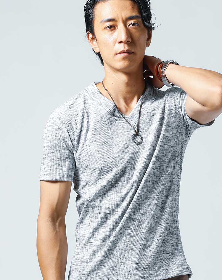 ランダムテレコVネック無地Tシャツ　７分袖・半袖 - Image 18