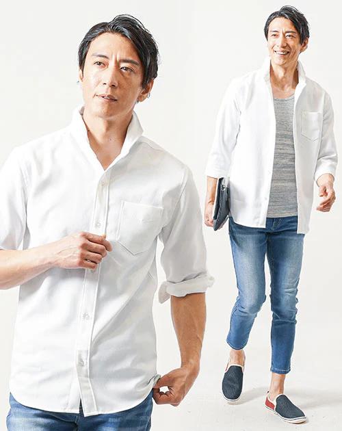 40代メンズ夏の3点コーデセット　白7分袖シャツ×グレータンクトップ×ブルースリムアンクルデニムパンツ - Image 2