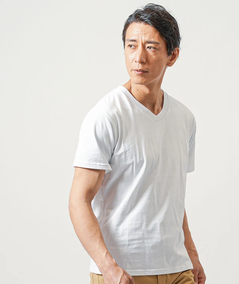 40代メンズ3点コーデセット　サックス7分袖シャツ×白半袖Tシャツ×ベージュスリムチノパンツ - Image 13