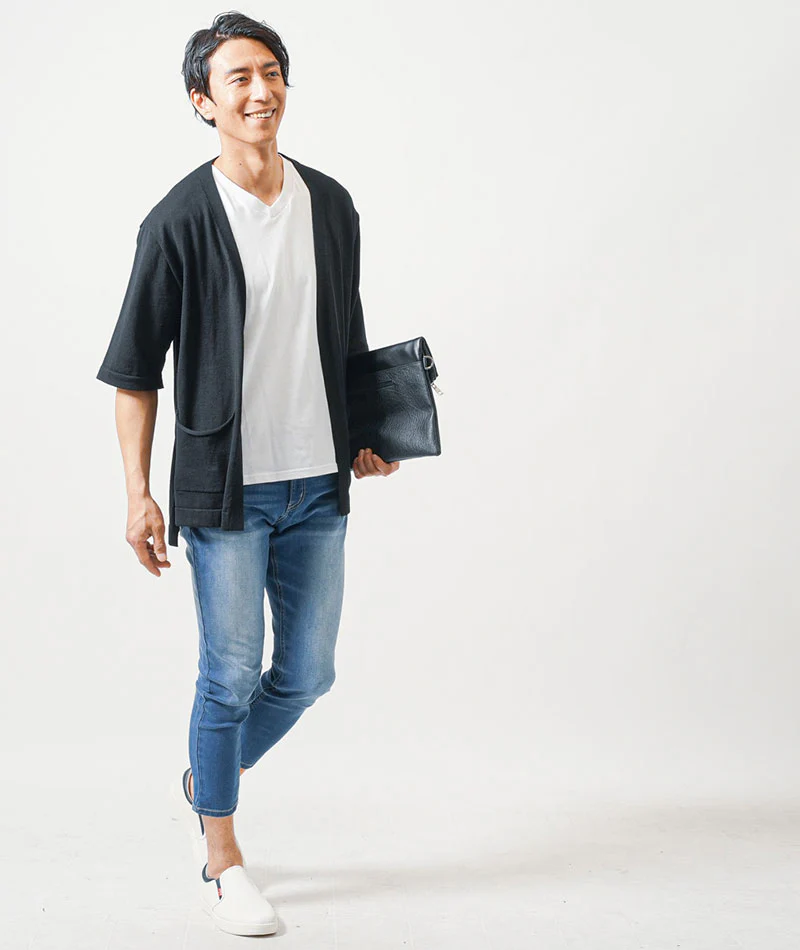 40代メンズ3点コーデセット　黒5分袖サマーカーディガン×白半袖Tシャツ×ブルーアンクルデニムパンツ - Image 10