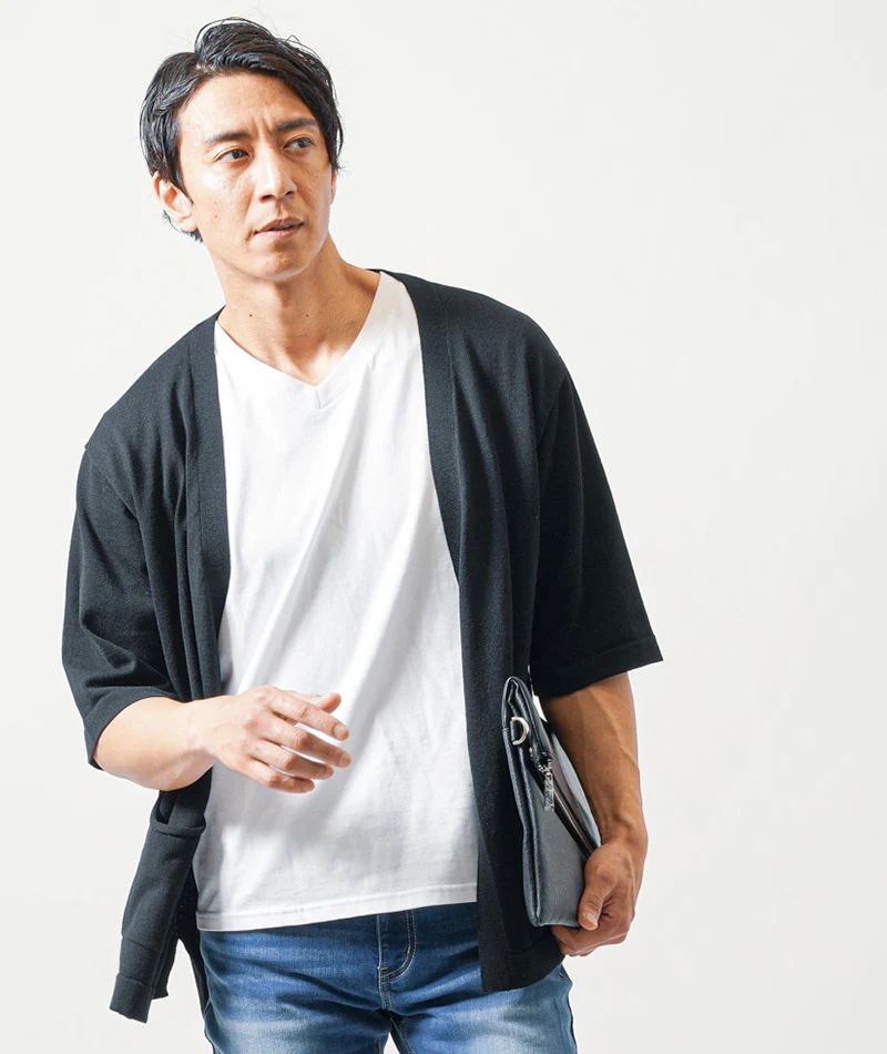 40代メンズ3点コーデセット　黒5分袖サマーカーディガン×白半袖Tシャツ×ブルーアンクルデニムパンツ - Image 12