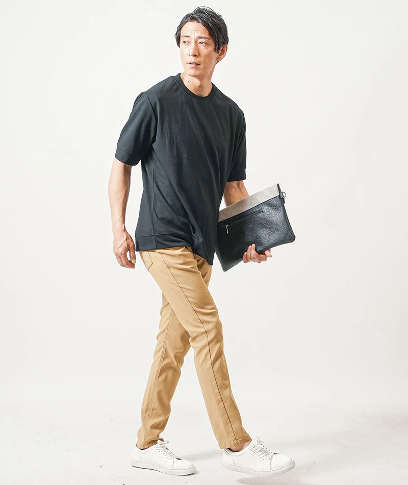 40代メンズ3点コーデセット　グレンチェック5分袖テーラードジャケット×黒半袖Tシャツ×ベージュスリムテーパードチノパンツ - Image 11
