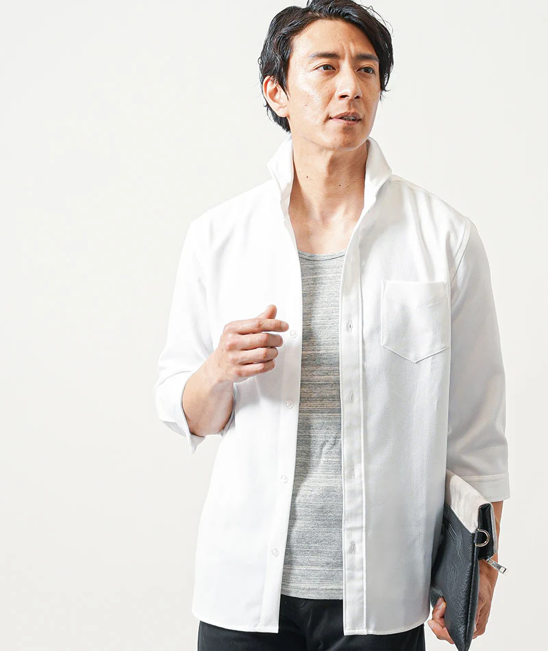 40代メンズ3点コーデセット　白7分袖シャツ×グレータンクトップ×黒ストレッチチノパンツ - Image 12