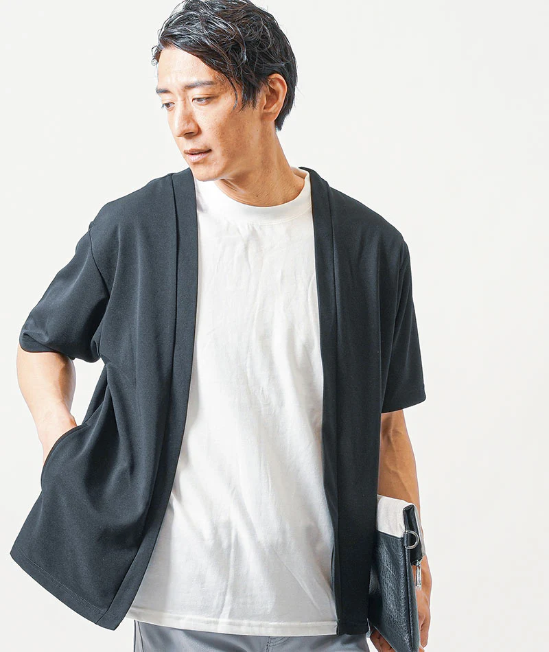 40代メンズ3点コーデセット　黒5分袖カーディガン×白半袖Tシャツ×グレーストレッチチノパンツ - Image 6