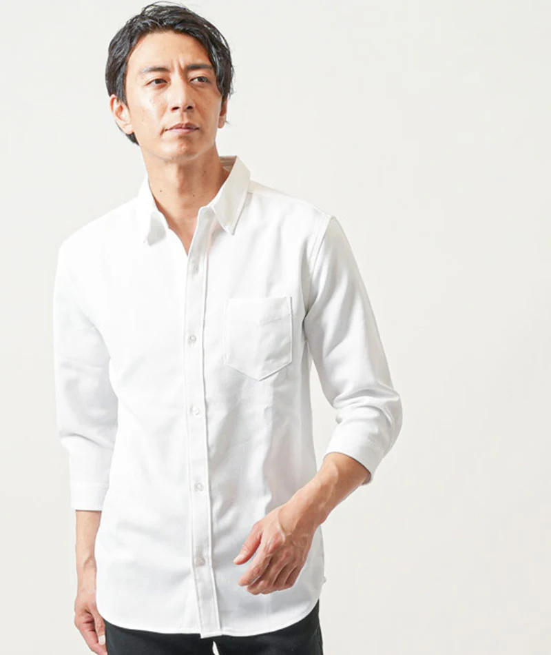 40代メンズ3点コーデセット　白7分袖シャツ×サックス7分袖シャツ×黒スリムテーパードチノパンツ - Image 6