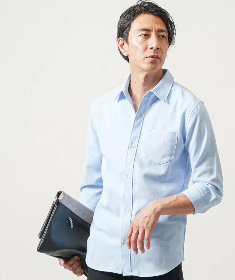 40代メンズ3点コーデセット　白7分袖シャツ×サックス7分袖シャツ×黒スリムテーパードチノパンツ - Image 7