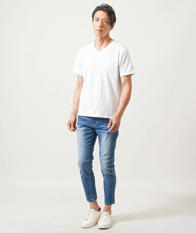 40代メンズ夏の3点コーデセット　黒7分袖カーディガン×白半袖Tシャツ×ブルーアンクルデニムパンツ - Image 11