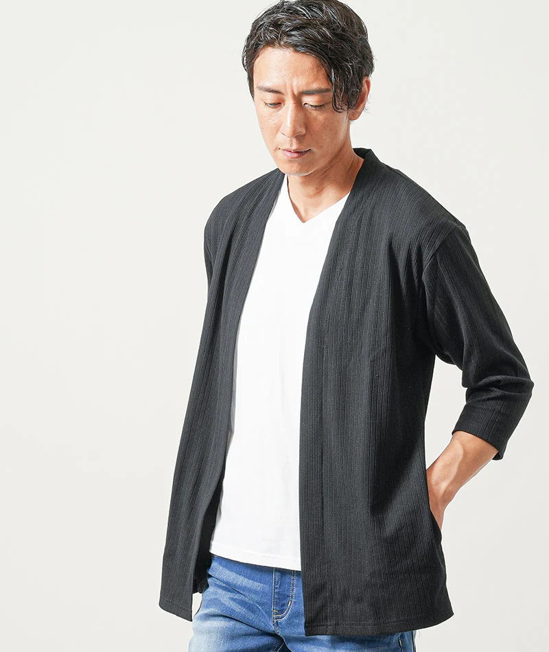 40代メンズ夏の3点コーデセット　黒7分袖カーディガン×白半袖Tシャツ×ブルーアンクルデニムパンツ - Image 6