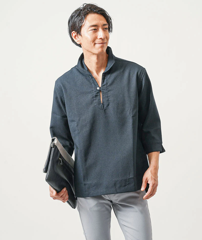 40代メンズ2点コーデセット　ネイビー7分袖カプリシャツ×グレーストレッチチノパンツ - Image 10