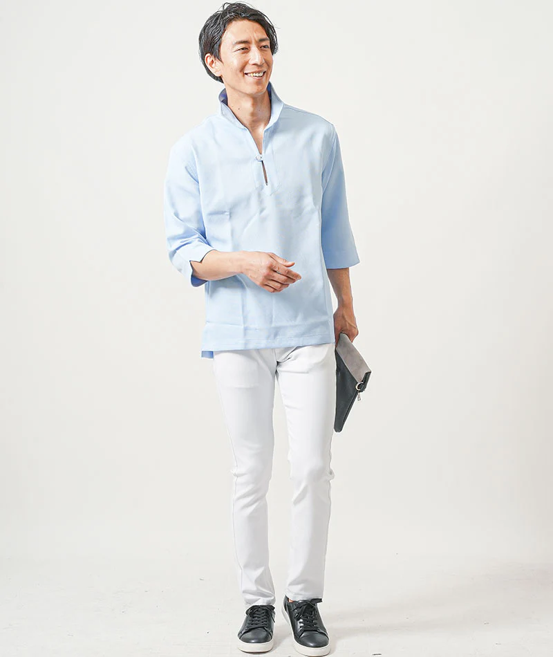 40代メンズ夏の3点コーデセット　ネイビー7分袖シャツ×サックス7分袖カプリシャツ×白ストレッチアンクルチノパンツ - Image 10