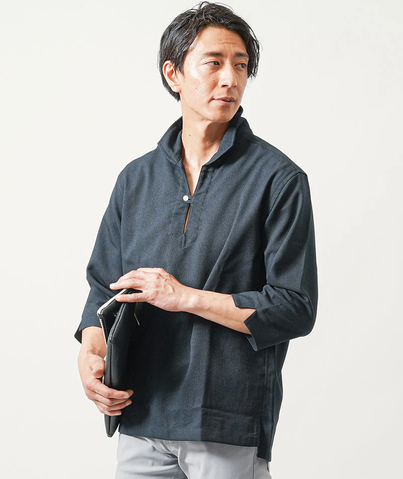 40代メンズ夏の3点コーデセット　黒7分袖シャツ×ネイビー7分袖カプリシャツ×グレーテーパードチノパンツ - Image 11