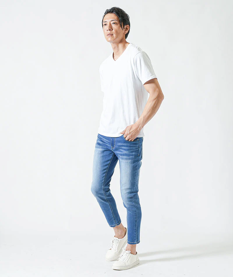 40代メンズ夏の3点コーデセット　黒7分袖ロングカーディガン×白半袖Tシャツ×ブリーチアンクルデニムパンツ - Image 11