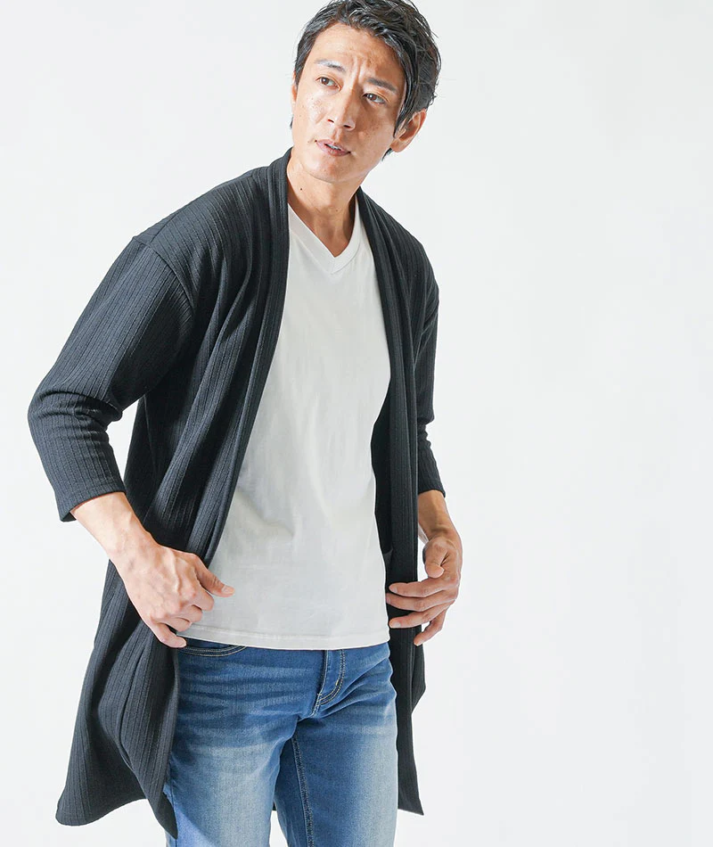 40代メンズ夏の3点コーデセット　黒7分袖ロングカーディガン×白半袖Tシャツ×ブリーチアンクルデニムパンツ - Image 6