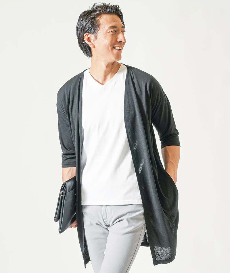 40代メンズ夏の3点コーデセット　黒7分袖ロングカーディガン×白半袖Tシャツ×グレーストレッチチノパンツ - Image 12