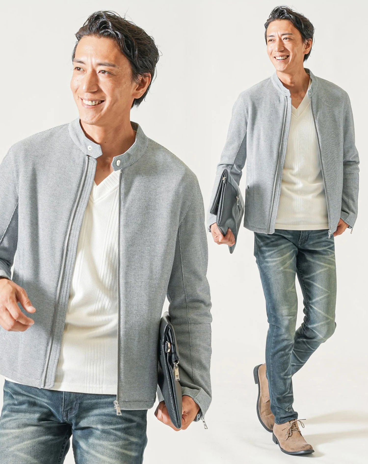 40代メンズファッション3点コーデセット　グレー長袖ライダースジャケット×白長袖Tシャツ×ダークブルーストレッチデニムパンツ - Image 2