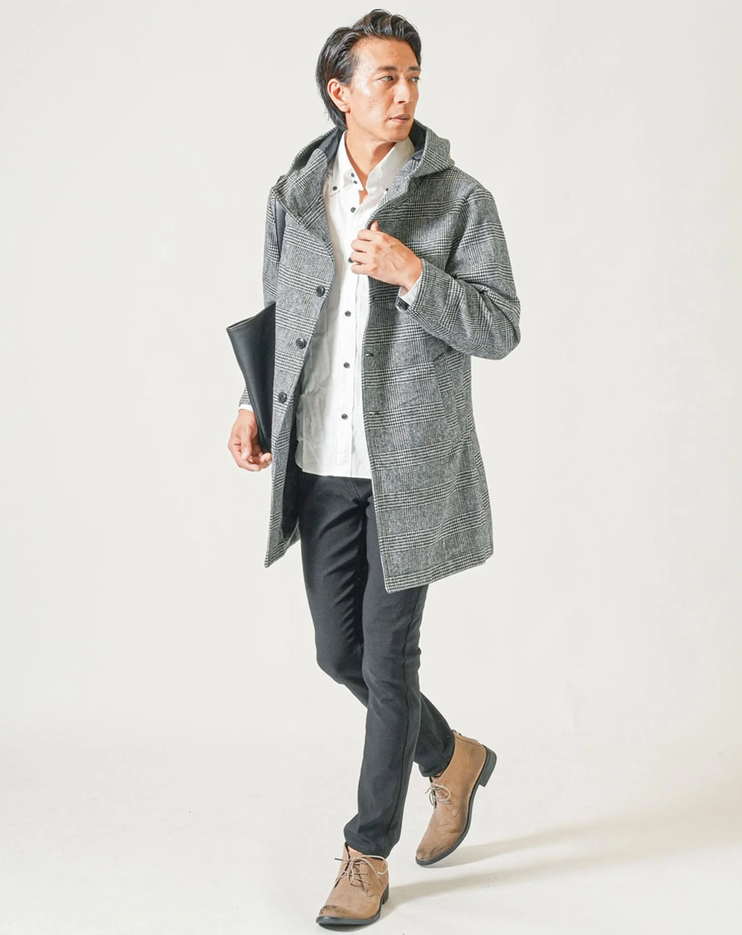 40代メンズ冬服3点コーデセット　グレンチェックフード付きロングコート×白長袖ブロードシャツ×黒ストレッチチノパンツ - Image 4