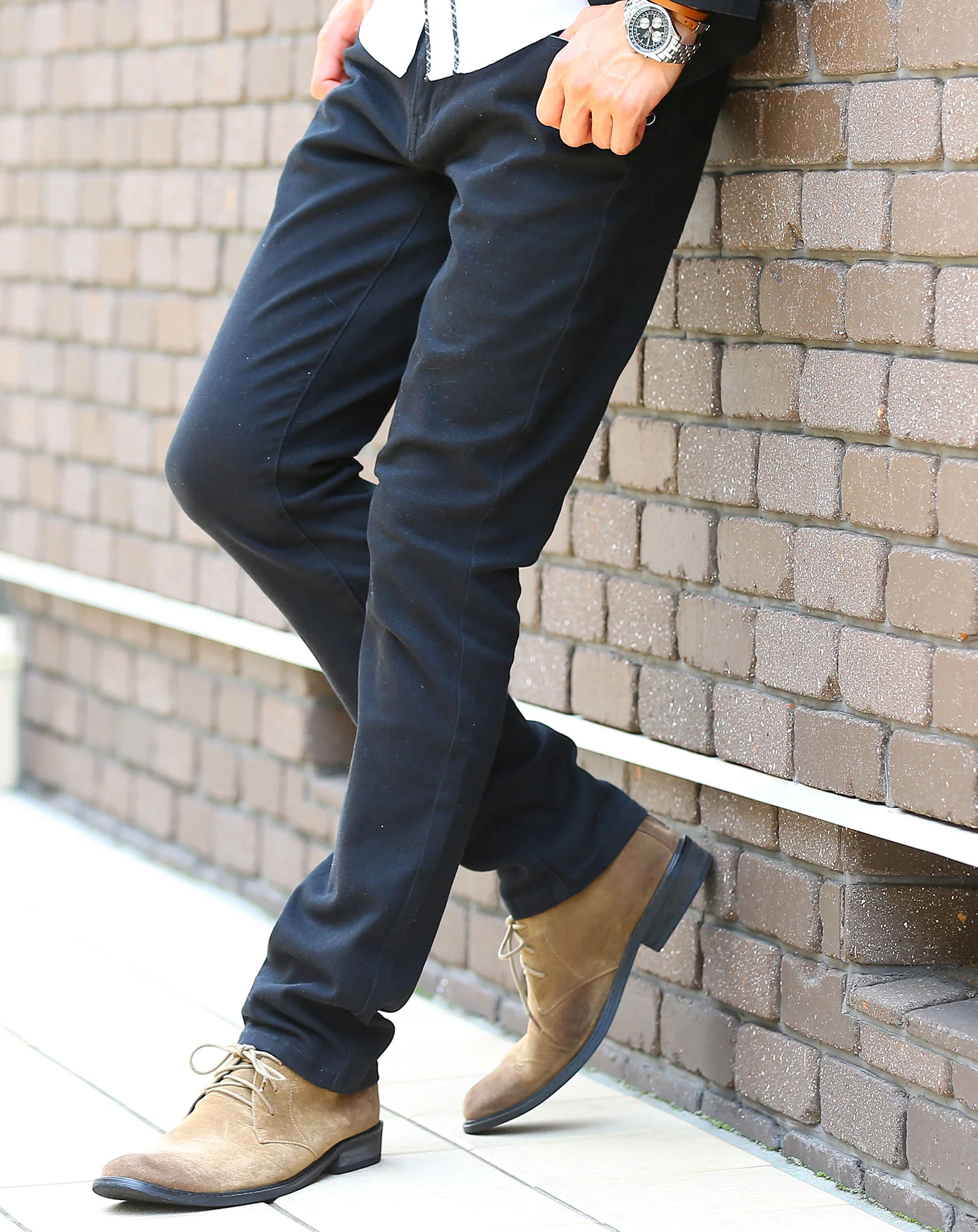 40代メンズ冬服全身4点コーデセット　グレンチェックロングコート×ワインジップアップニット×白長袖シャツ×黒スリムチノパンツ - Image 13