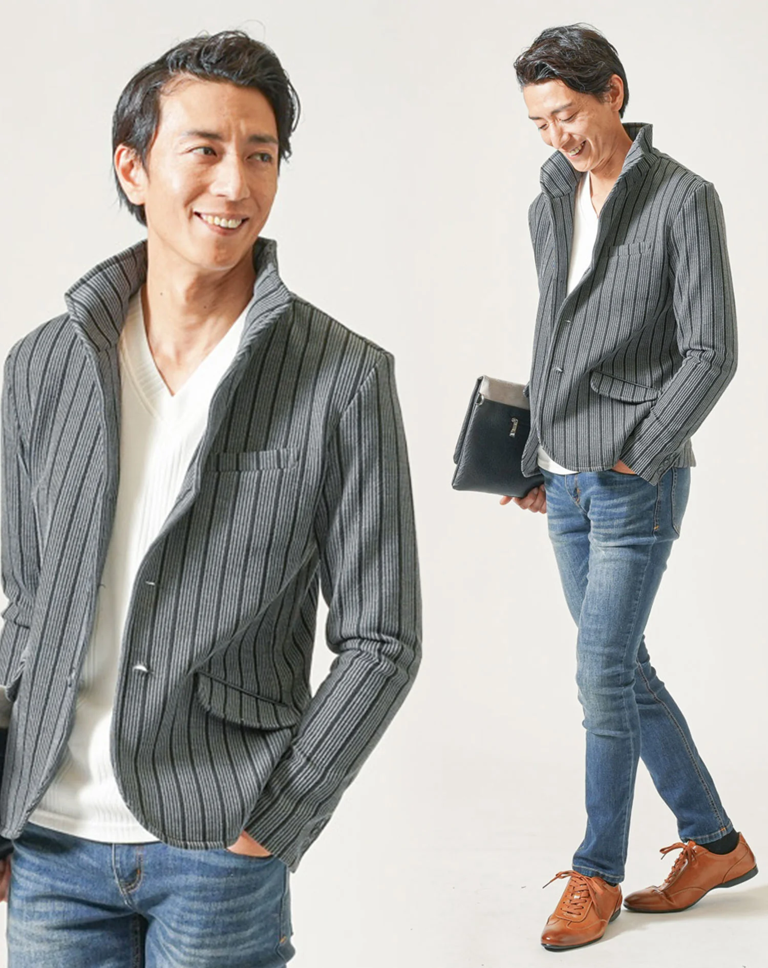 40代メンズ春服全身3点コーデセット　グレー×ブラックスタンドカラージャケット×白Vネック長袖Ｔシャツ×ネイビーストレッチデニムパンツ - Image 2