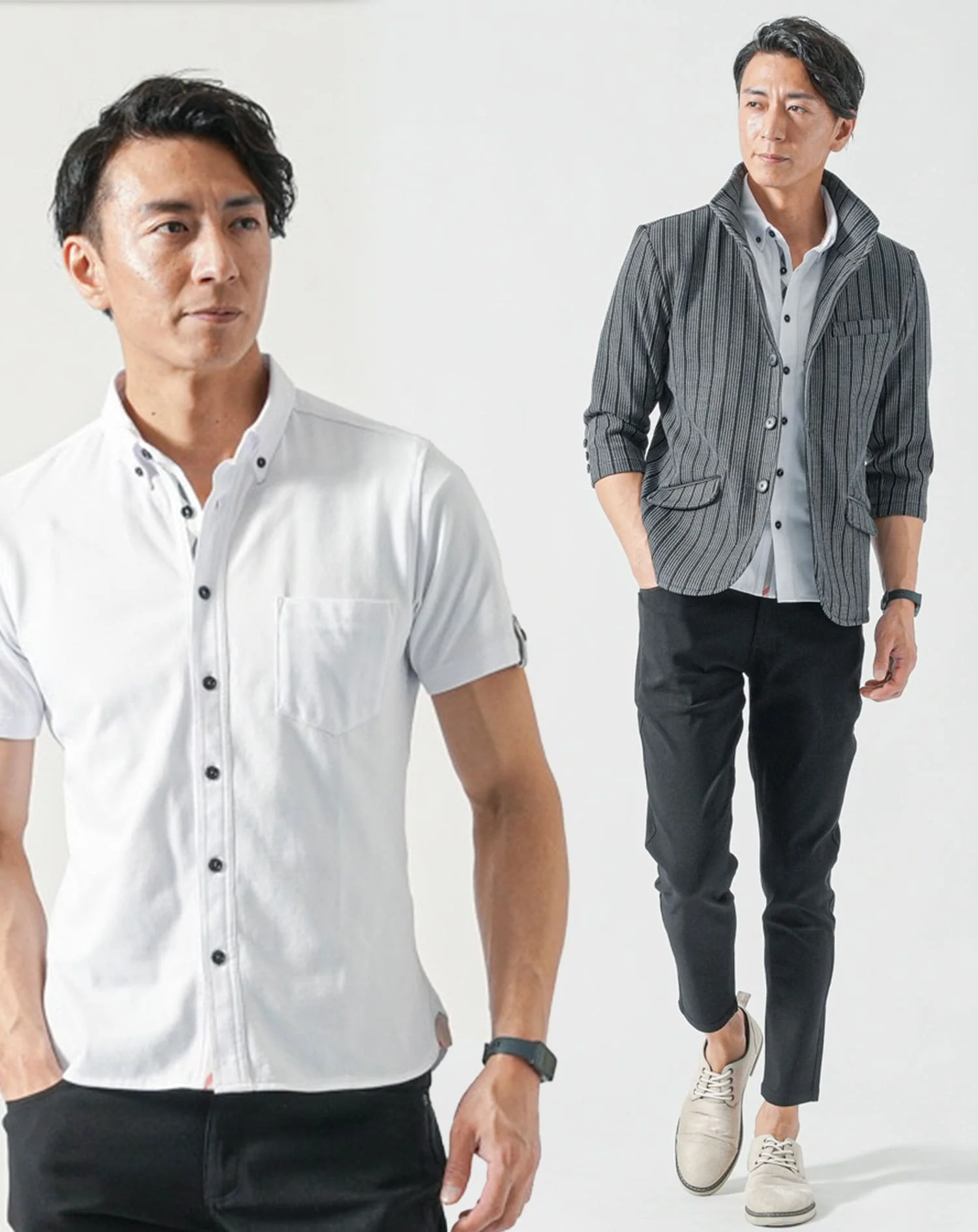 40代メンズ夏服全身3点コーデセット　グレー7分袖スタンドカラージャケット×白半袖シャツ×黒アンクルチノパンツ - Image 2