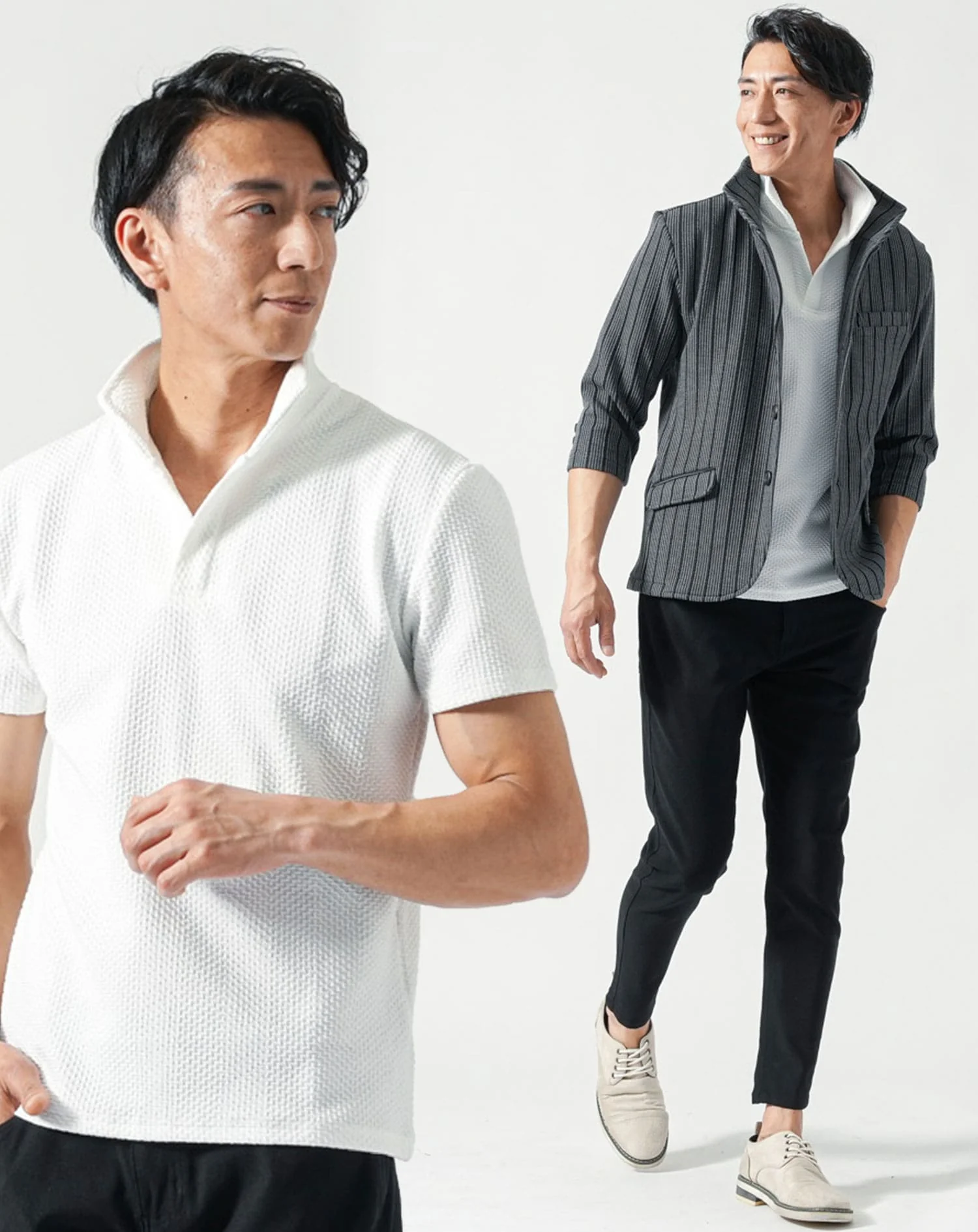 40代メンズ夏服全身3点コーデセット　グレー7分袖ジャケット×白半袖ポロシャツ×黒ストレッチチノパンツ - Image 2