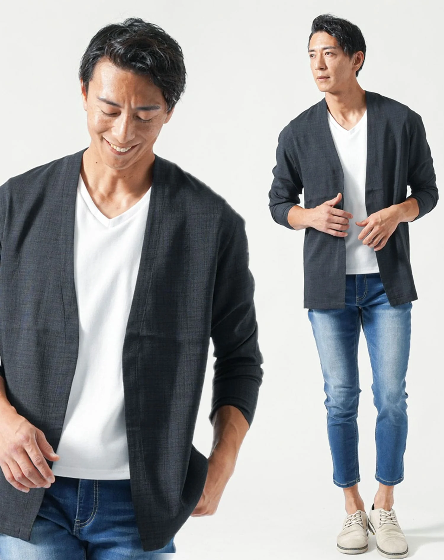 40代メンズ夏服全身3点コーデセット　黒長袖ノーカラージャケット×白半袖Tシャツ×ブルーアンクルデニムパンツ - Image 2