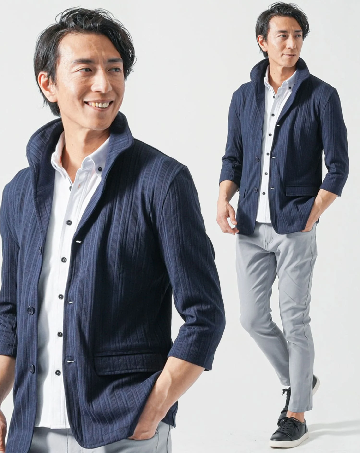 40代メンズ夏服全身3点コーデセット　ネイビー7分袖ジャケット×白半袖シャツ×グレーアンクルチノパンツ - Image 2