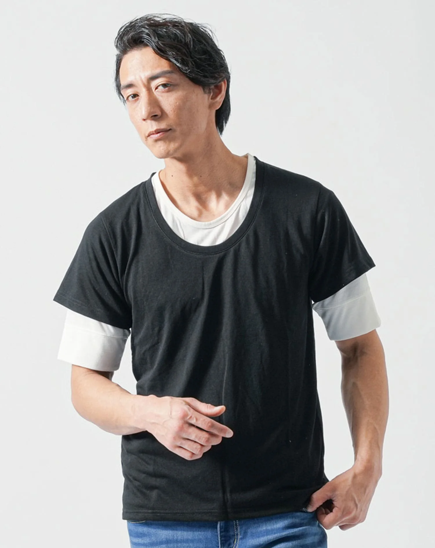 フェイクレイヤード5分袖クルーネックTシャツ - Image 7