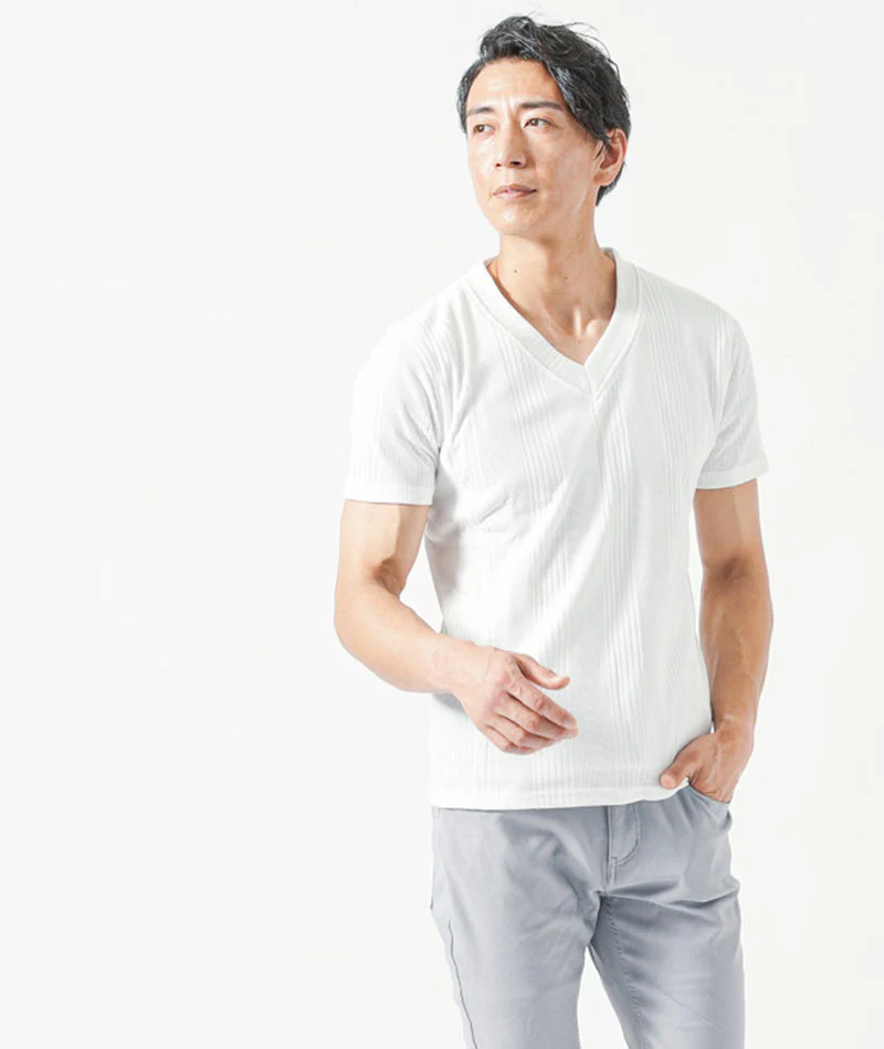 50代メンズ夏服3点コーデセット　ネイビー7分袖テーラードジャケット×白半袖Tシャツ×グレーアンクルチノパンツ - Image 5