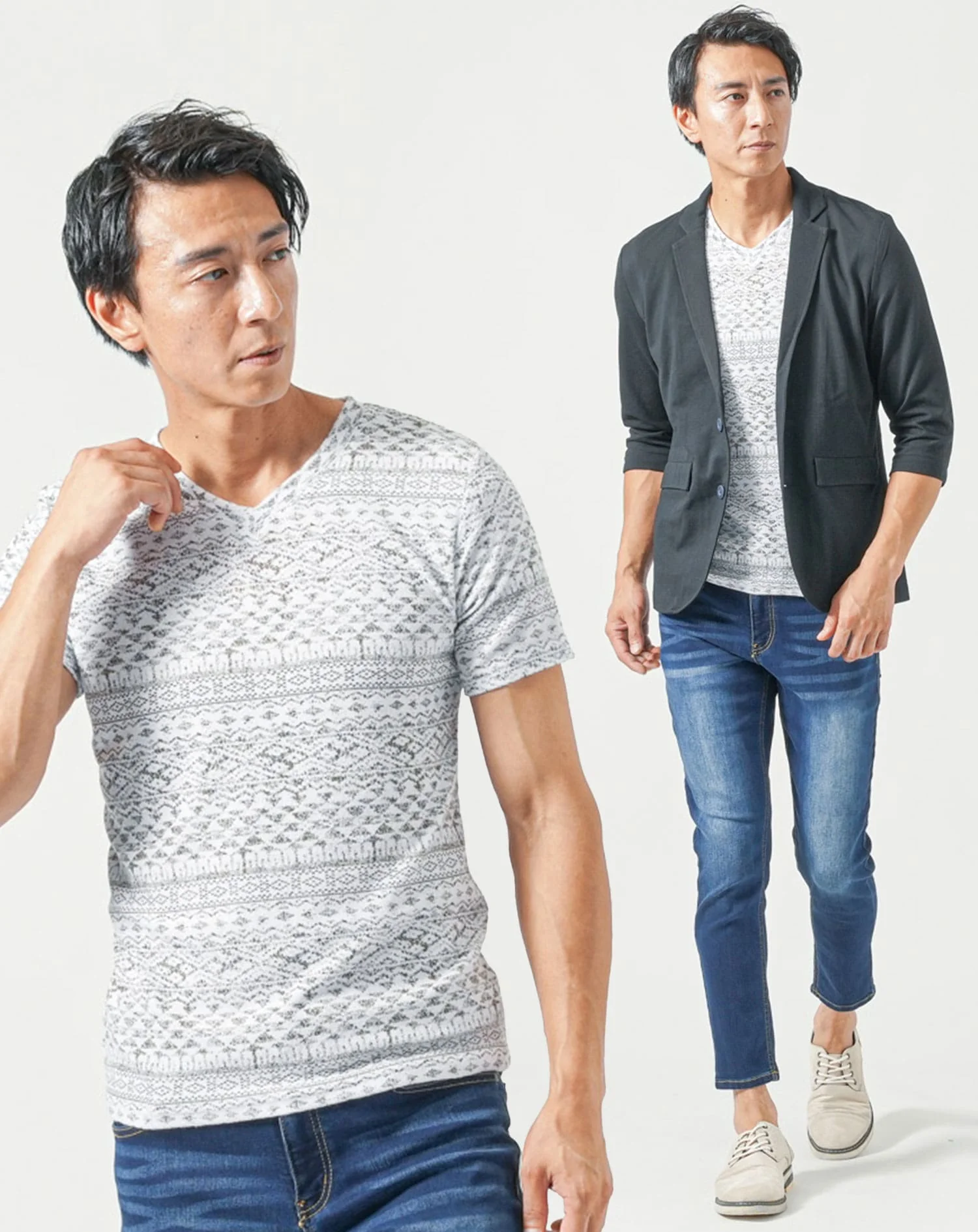 50代メンズ夏服3点コーデセット　黒7分袖テーラードジャケット×白半袖Tシャツ×ブルーアンクルデニムパンツ - Image 2