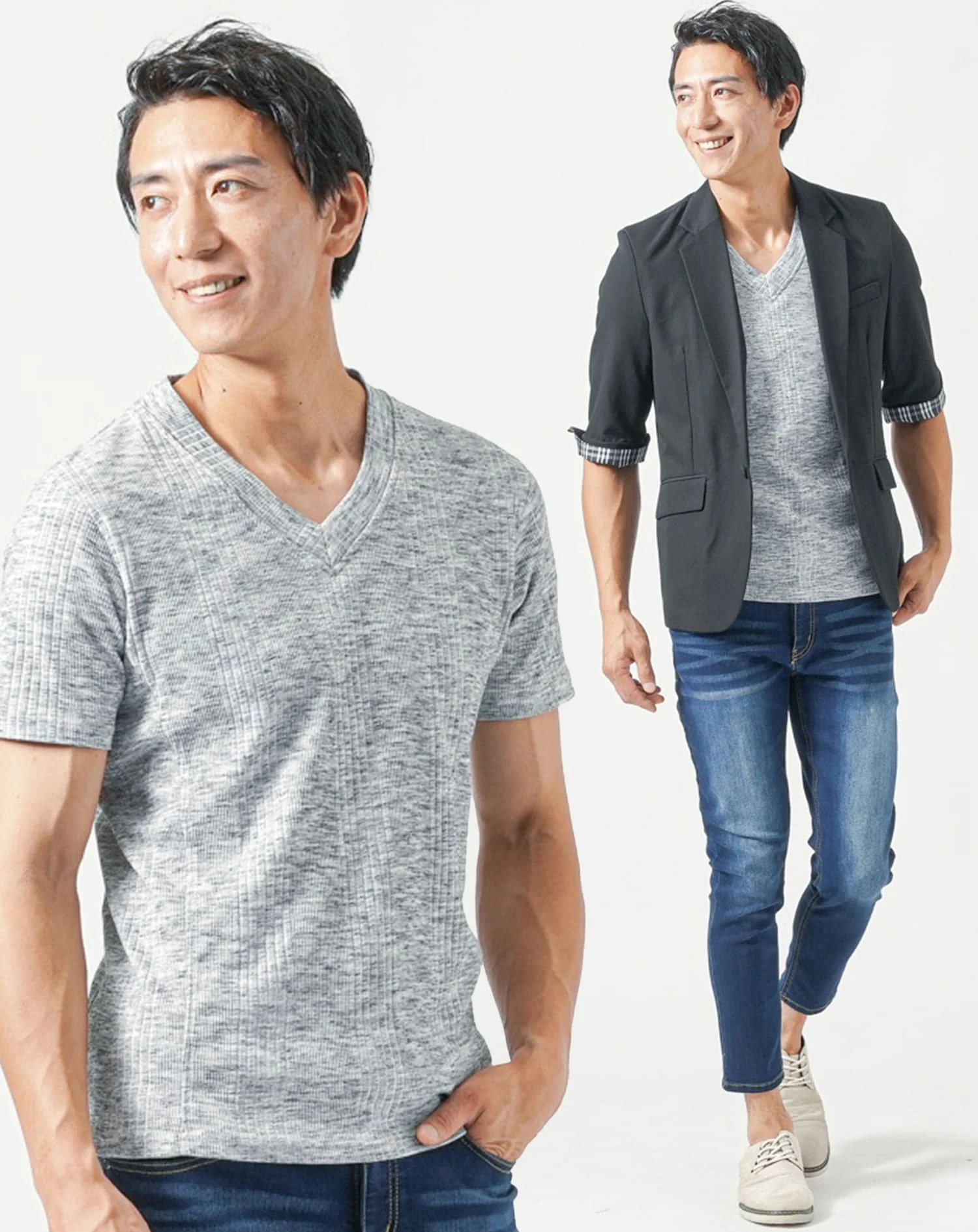 50代メンズ夏服3点コーデセット　黒5分袖テーラードジャケット×杢黒半袖Tシャツ×ブルーアンクルデニムパンツ - Image 2