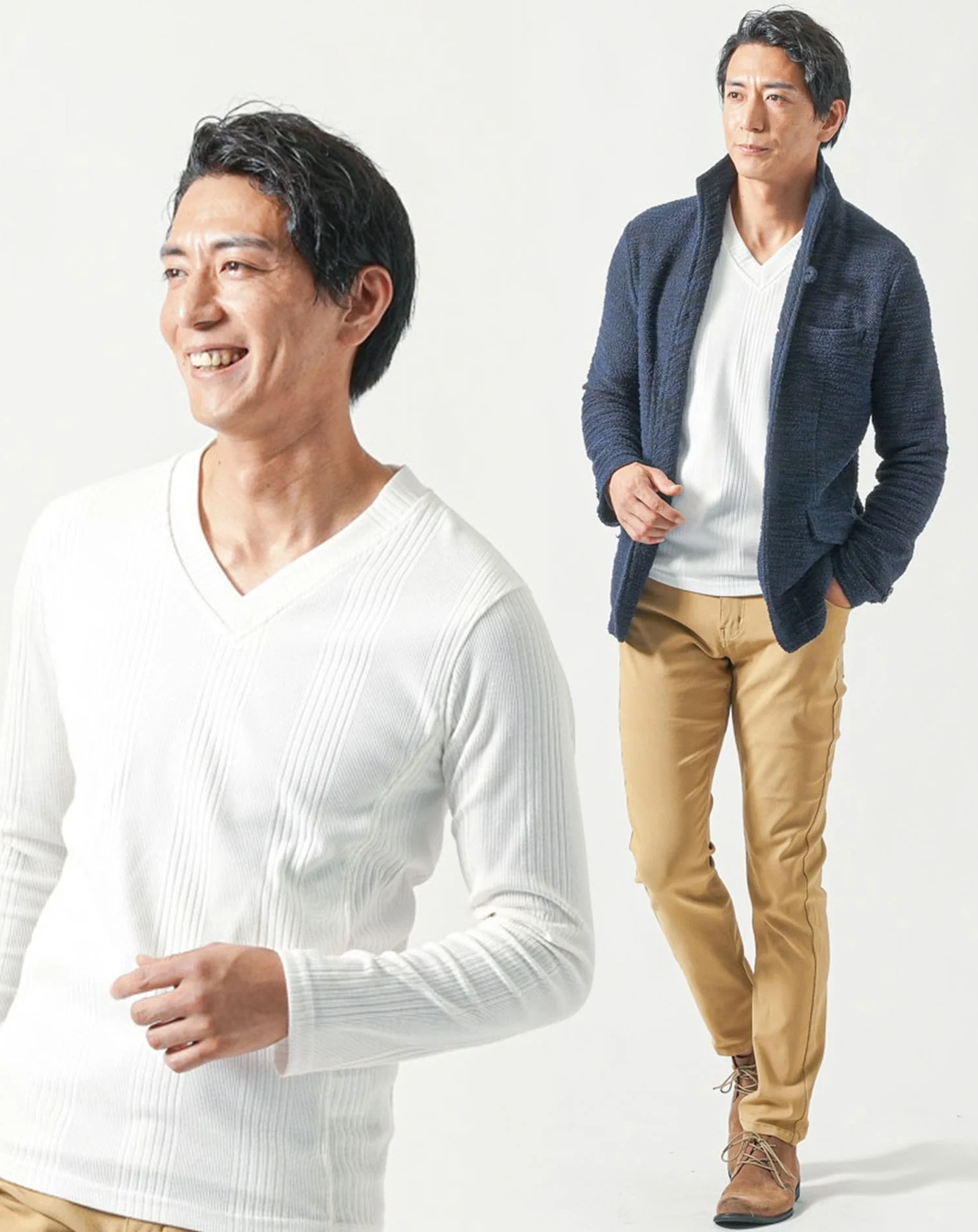 50代メンズ全身3点コーデセット　ネイビー長袖ジャケット×白長袖Tシャツ×ベージュストレッチチノパンツ - Image 2