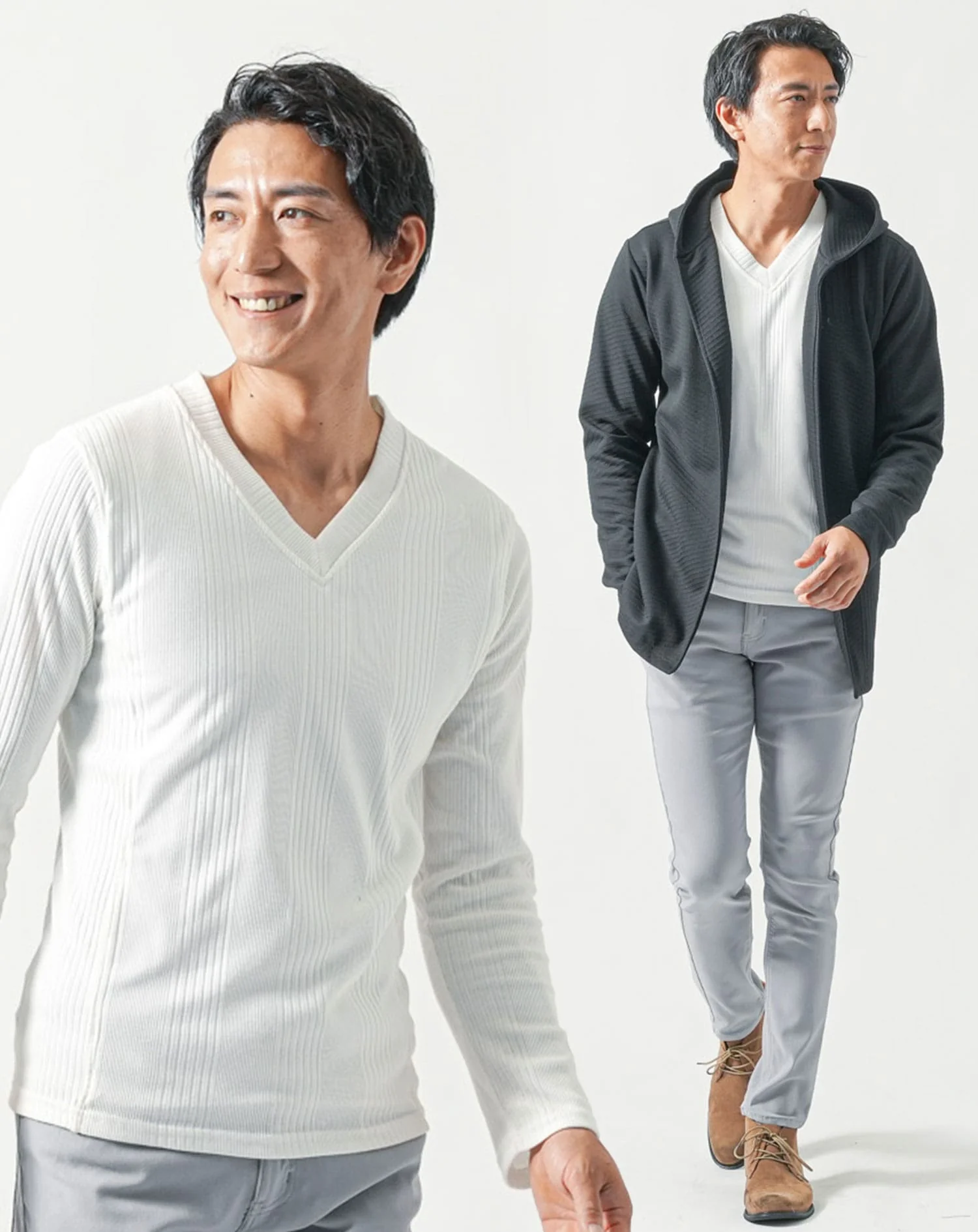 50代メンズ全身3点コーデセット　黒長袖パーカー×白長袖Tシャツ×グレーストレッチチノパンツ - Image 2