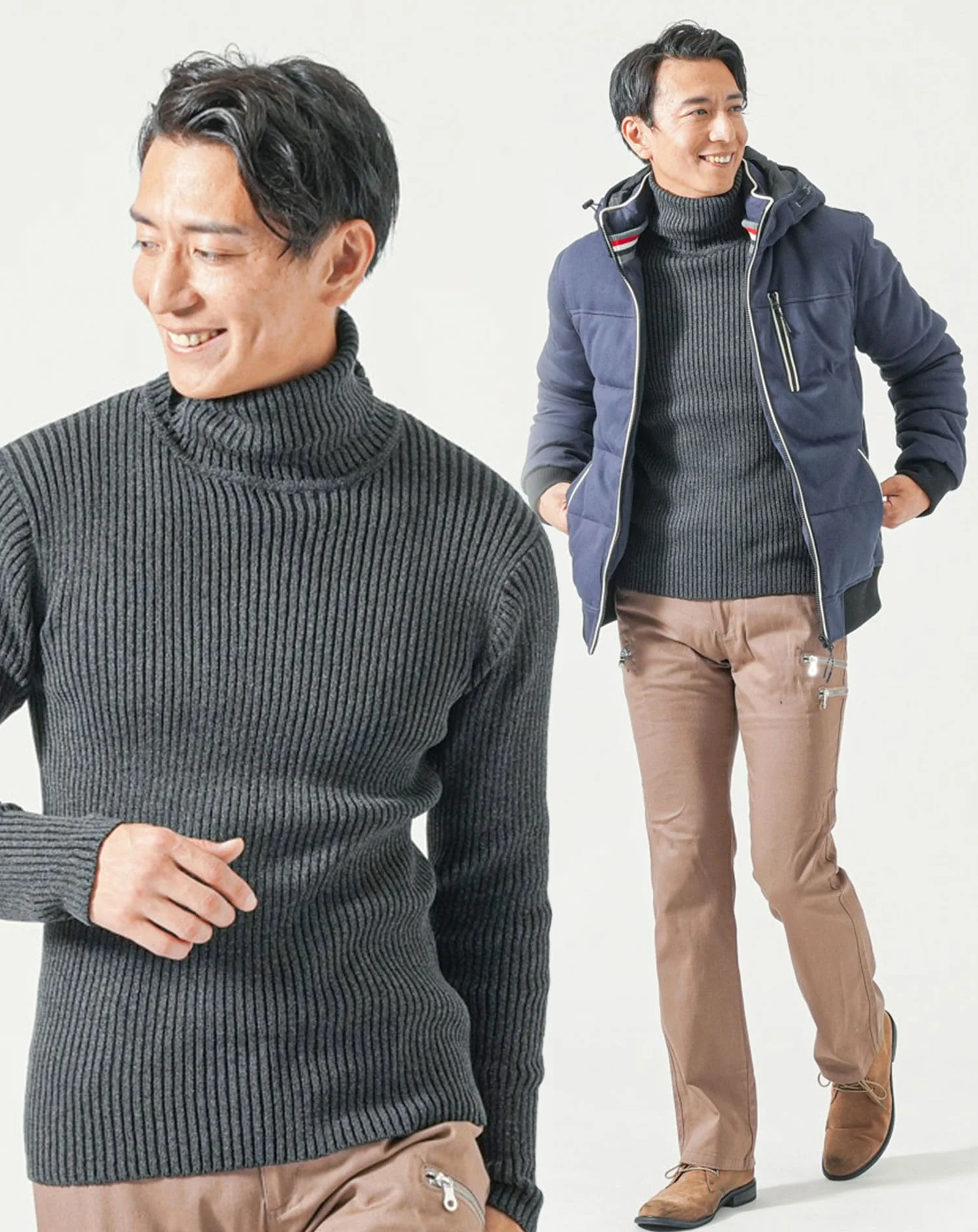 50代メンズ冬服全身3点コーデセット　ネイビー中綿ダウンジャケット×チャコールグレータートルネックニット×ベージュブーツカットチノパンツ - Image 2