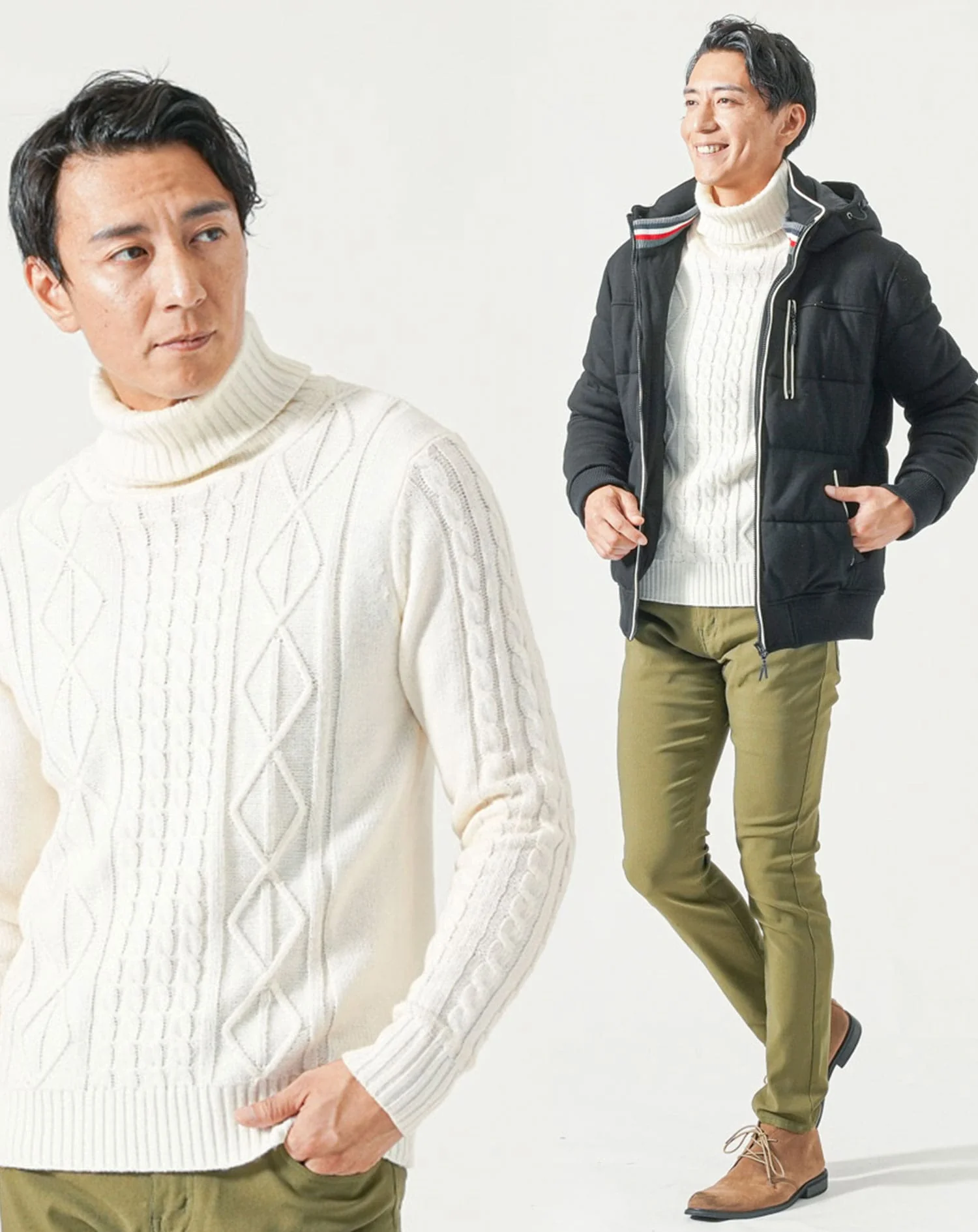 50代メンズ冬服3点コーデセット　黒中綿ダウンジャケット×白タートルネックニット×カーキチノパンツ - Image 2