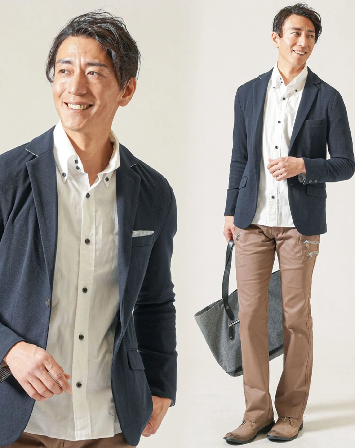 50代メンズ全身3点コーデセット　ネイビー長袖テーラードジャケット×白長袖シャツ×ベージュブーツカットチノパンツ - Image 2