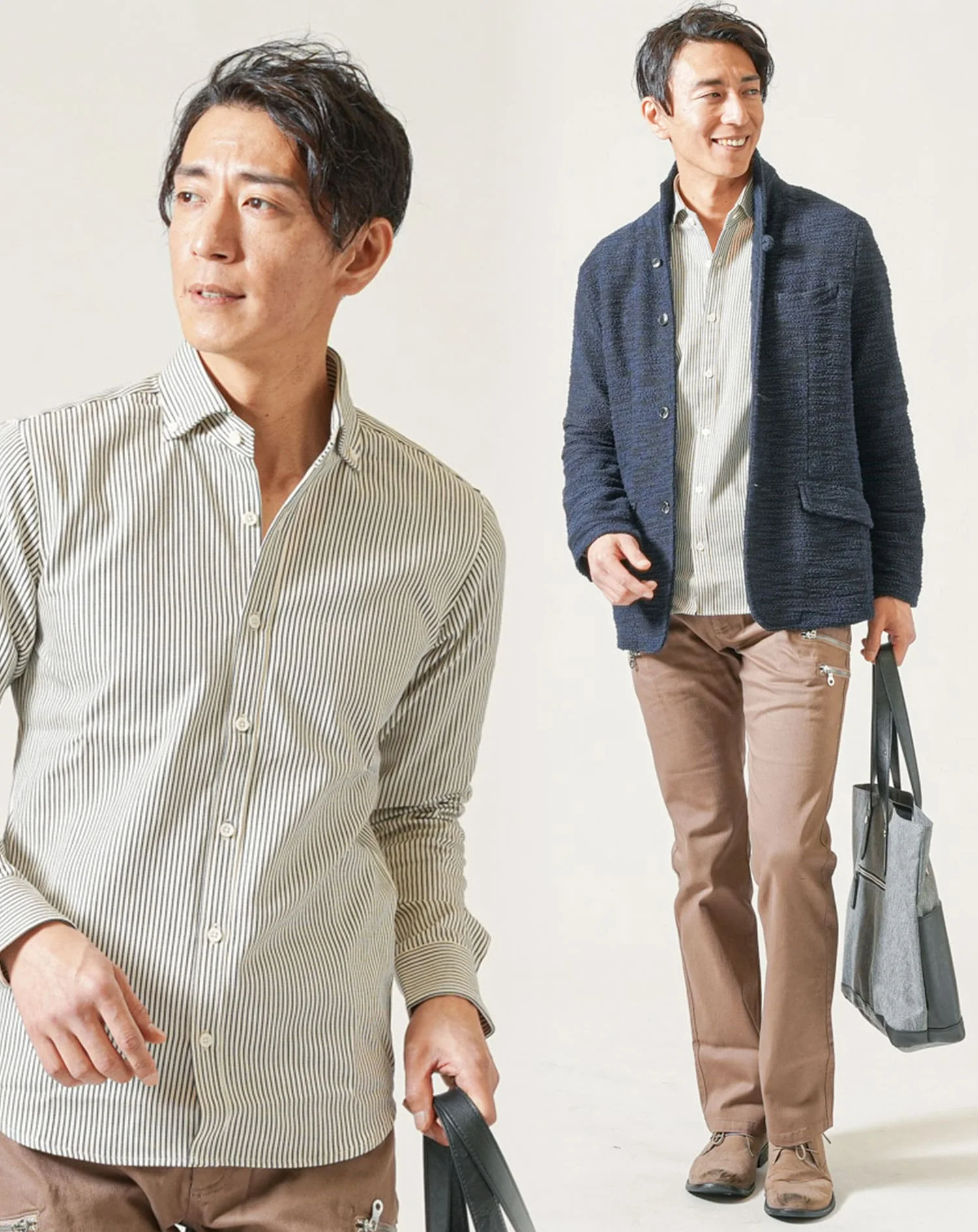 50代メンズ全身3点コーデセット　ネイビー長袖ジャケット×白長袖ストライプシャツ×ベージュブーツカットチノパンツ - Image 2