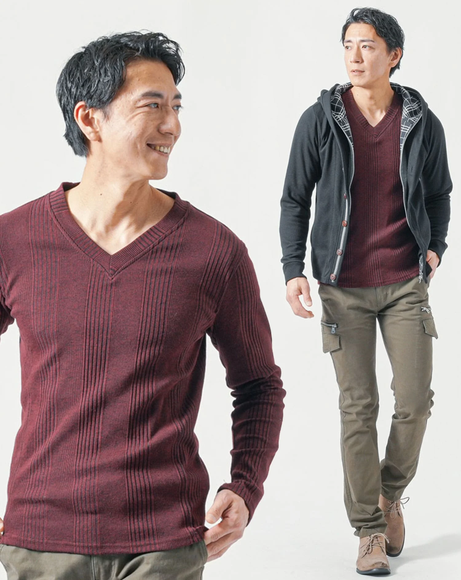 50代メンズ全身3点コーデセット　黒長袖パーカー×ワイン長袖Tシャツ×カーキカーゴパンツ - Image 2