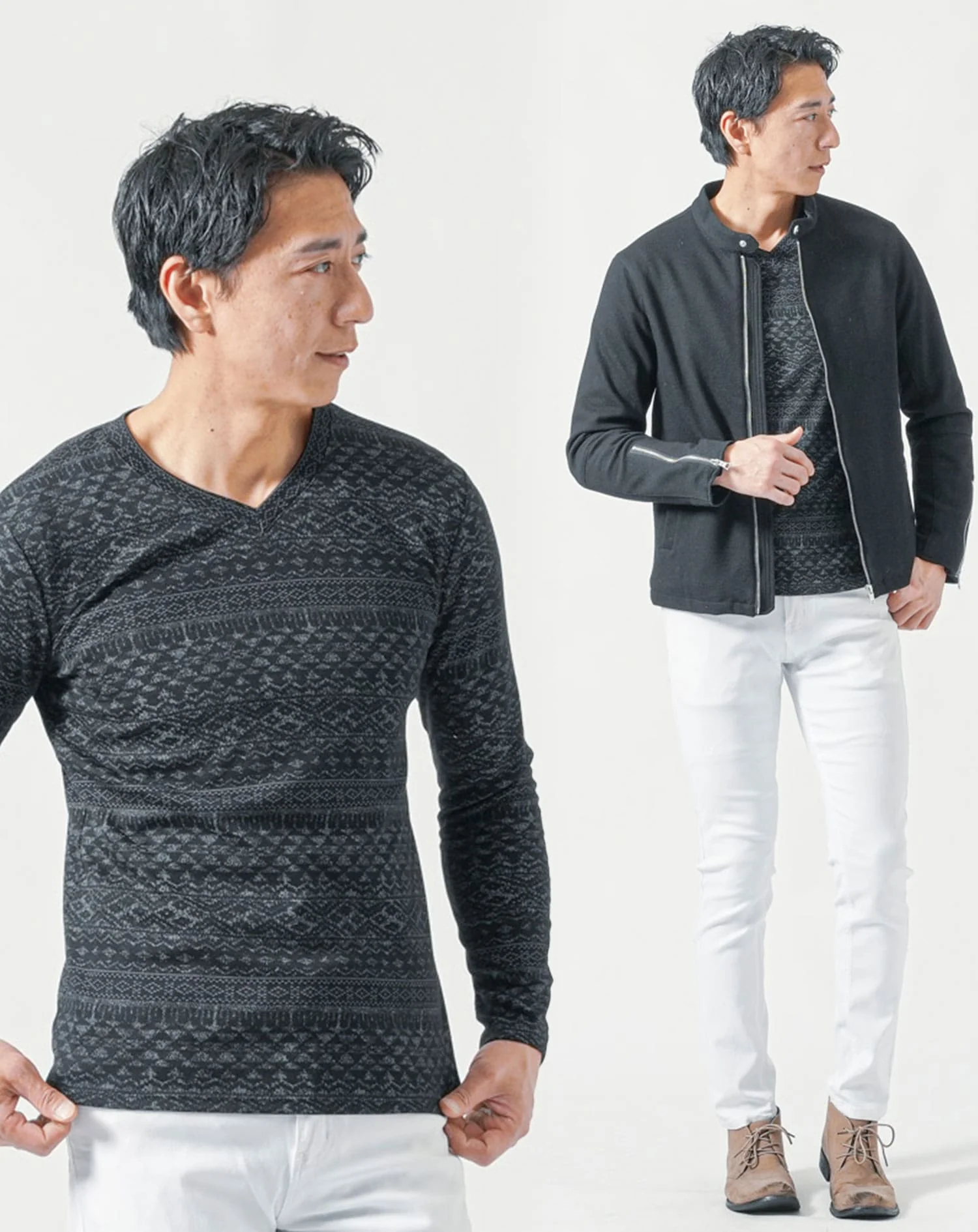 50代メンズ全身3点コーデセット　黒長袖ライダースジャケット×黒長袖Tシャツ×白ストレッチチノパンツ - Image 2