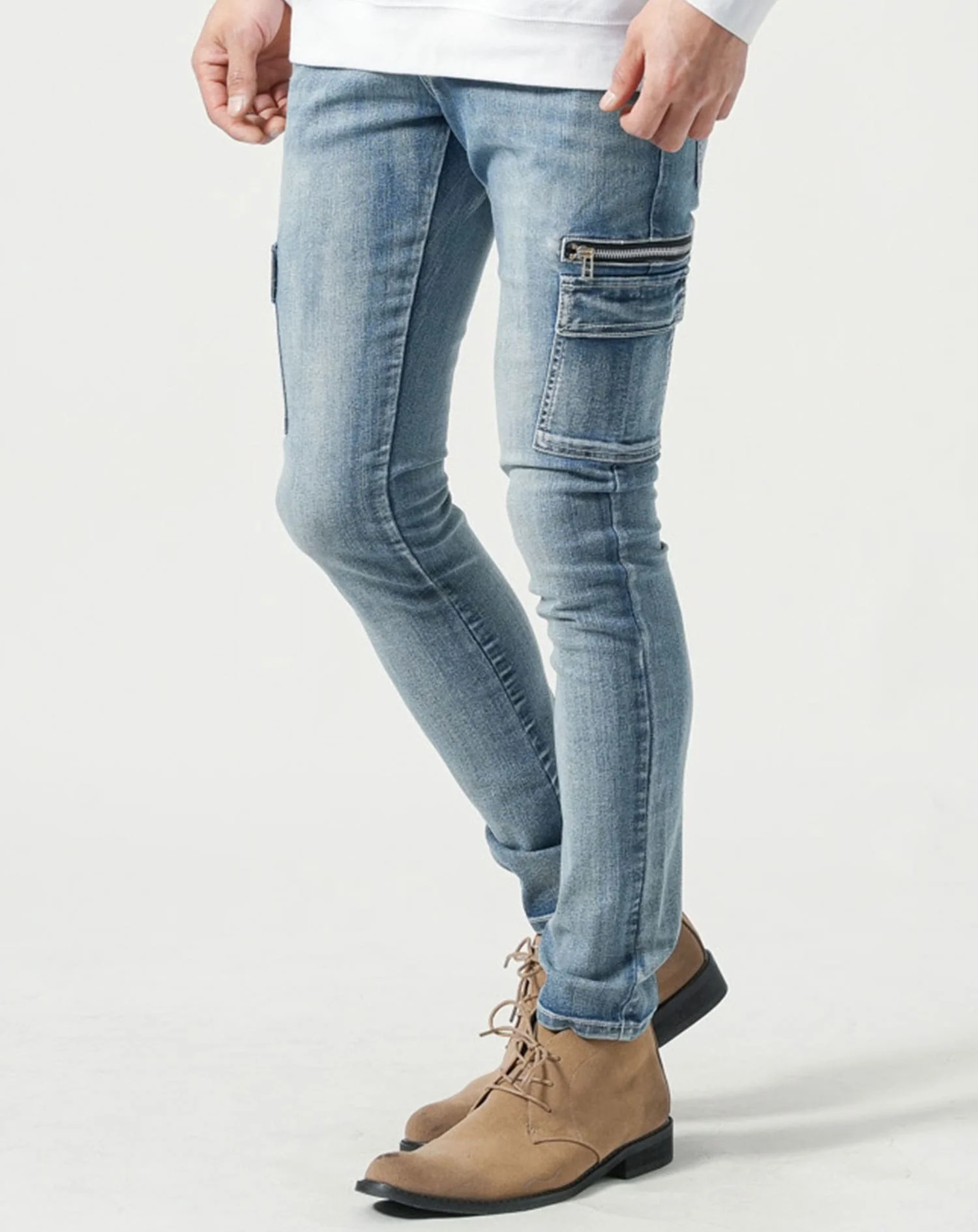 スキニーテーパードジップ付きストレッチデニムカーゴパンツ - Image 21