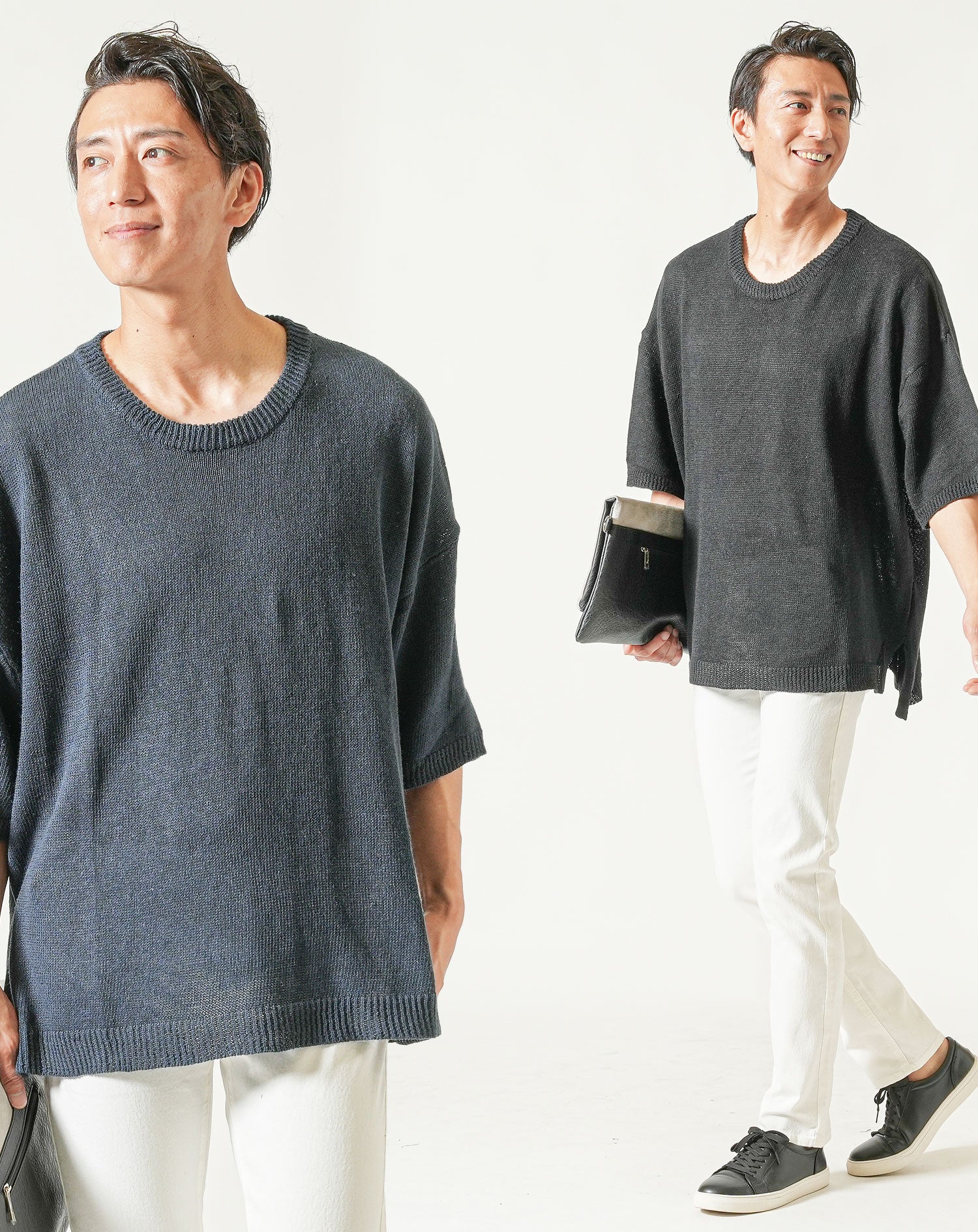 がっちり体型夏の3点コーデセット 黒5分袖サマーニットTシャツ×インディゴ5分袖サマーニットTシャツ×白ストレッチパンツ - Image 2
