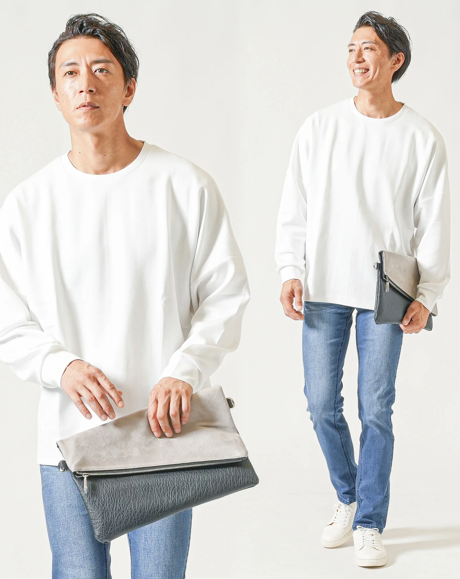 がっちり体型2点コーデセット 白長袖Tシャツ×ダークブルーストレッチデニムパンツ - Image 2