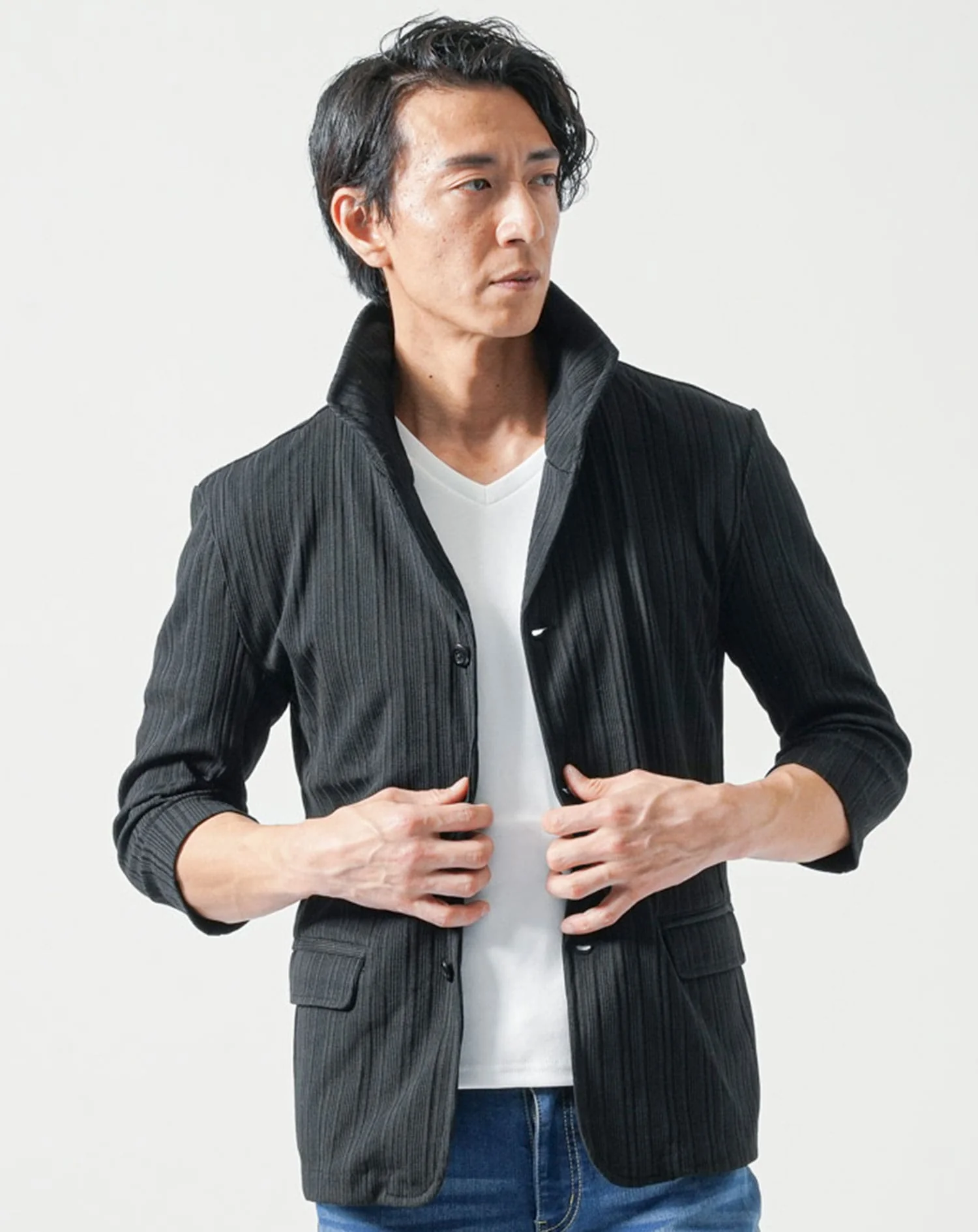 ランダムテレコワイヤー入りイタリアンスタンドカラー7分袖ジャケット - Image 9