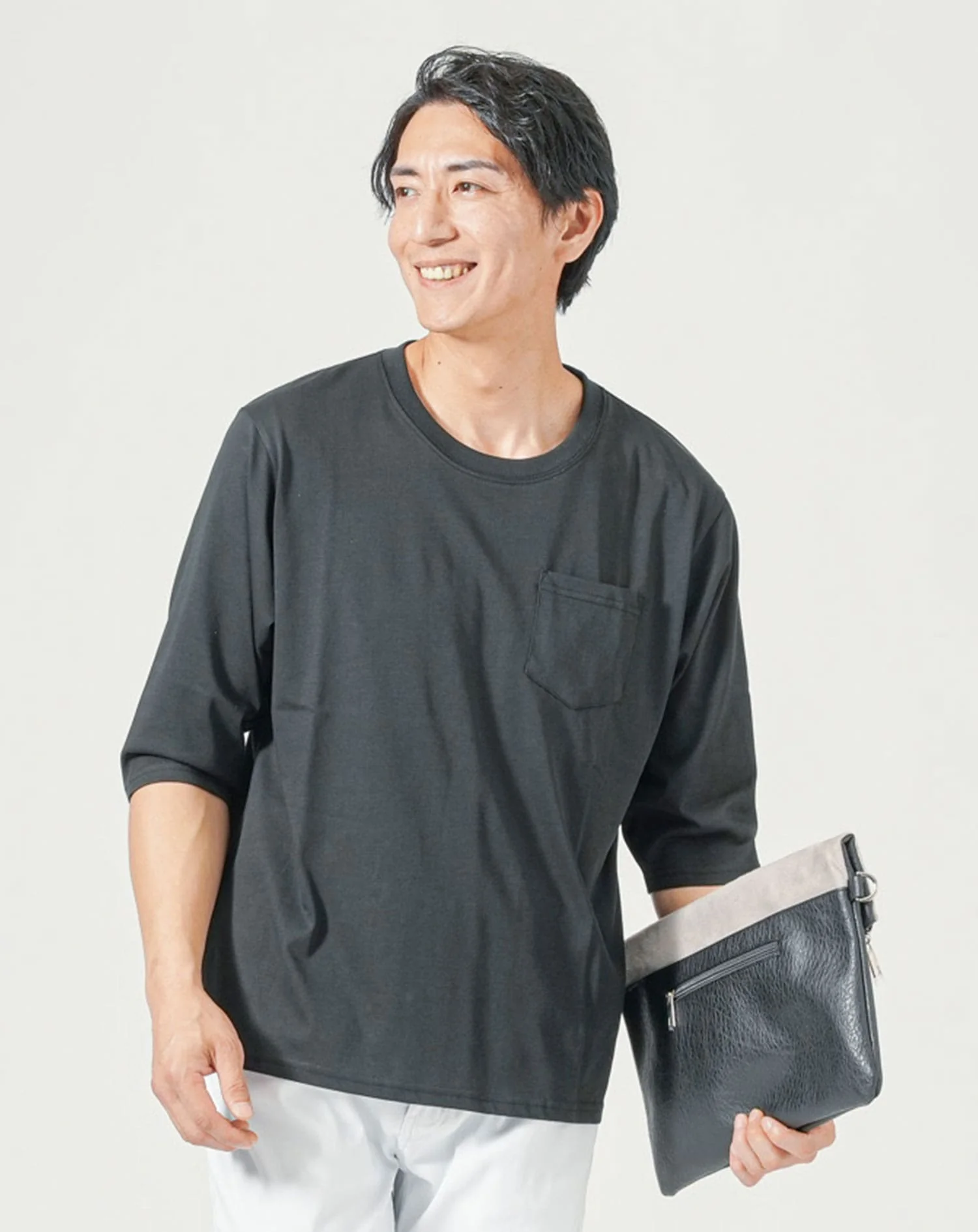 オーバーサイズポケット付き7分袖ポケット付きクルーネックTシャツ - Image 8