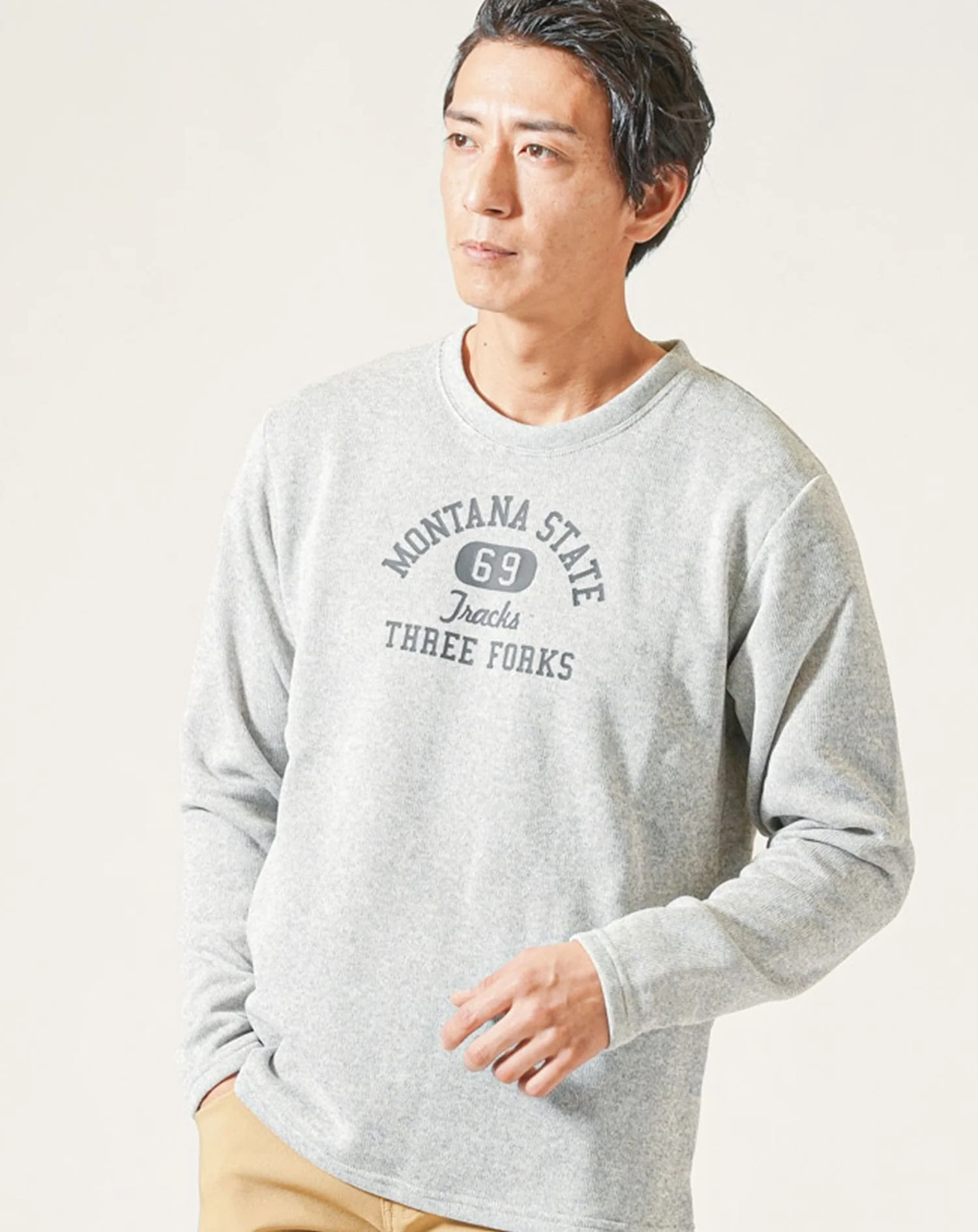裏起毛素材英字デザイン長袖クルーネックTシャツ - Image 2